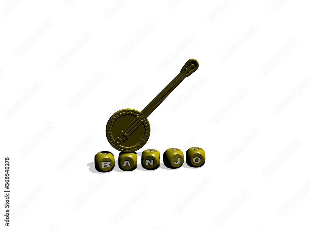 3D representation of banjo with icon on the wall and text arranged by metallic cubic letters on a mirror floor for concept meaning and slideshow presentation. illustration and musical 3D representation of banjo with icon on the wall and text arranged by metallic cubic letters on a mirror floor for concept meaning and slideshow presentation. illustration and musical