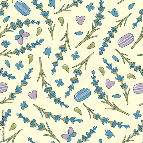 Seamless pattern with lavender flowers, herbs, macaroons and butterfly. Vector illustraion.