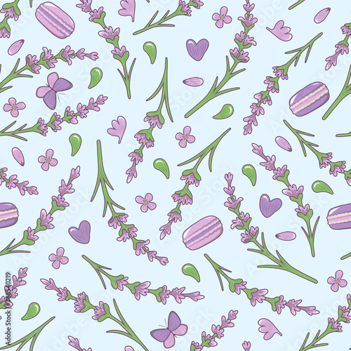 Seamless pattern with lavender flowers, herbs, macaroons and butterfly. Vector illustraion.