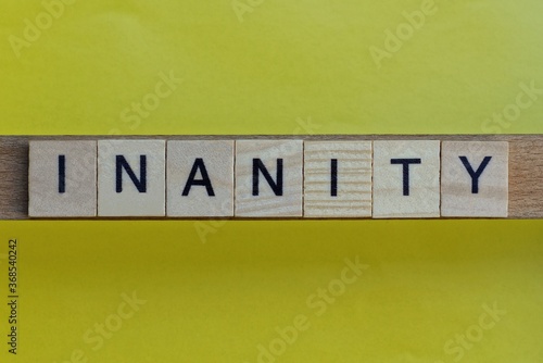 gray word inanity in small square wooden letters with black font on a yellow background photo