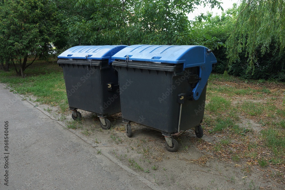two black large plastic garbage cans closed with blue lids stand on green grass and vegetation in a park by an asphalt gray road two black large plastic garbage cans closed with blue lids stand on green grass and vegetation in a park by an asphalt gray road