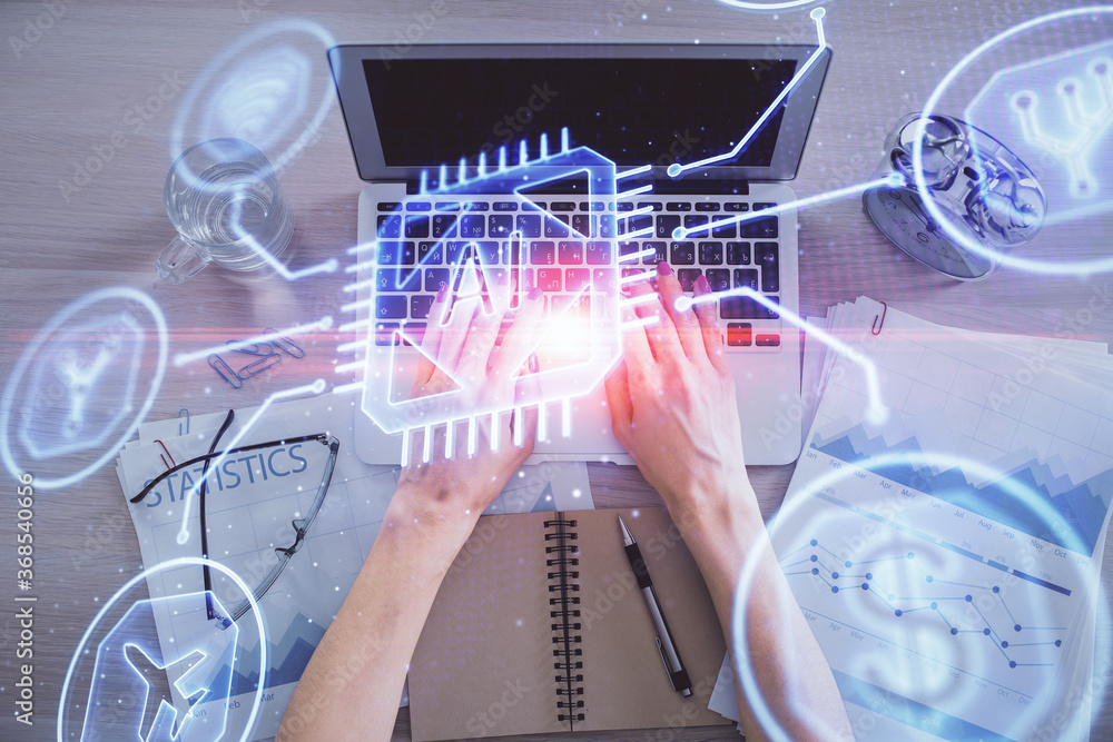 Double exposure of woman hands working on computer and data theme hologram drawing. Top View. Technology concept. Double exposure of woman hands working on computer and data theme hologram drawing. Top View. Technology concept.