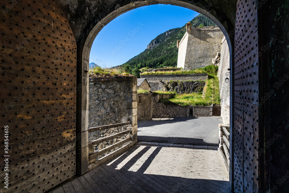 A gate entrance to the citadel of Briancon, a beautifully preserved French walled town and UNESCO World Heritage Site, France.