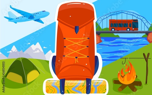 Vacation travel concept vector illustration. Cartoon flat backpack for vacationers travelers, camp tent and campfire, flying air plane, bus traveling across river bridge. Summer vacation symbols
