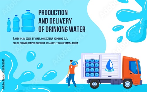 Water delivery vector illustration. Cartoon flat courier truck van delivering, postman character carrying, holding bottles with clean water. Production and delivery of drinking water service poster