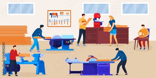 People woodworking vector illustration. Cartoon flat woodworker character group sawing wood planks, working with circular saw equipment tools in workshop room interior, cutting timberwood background