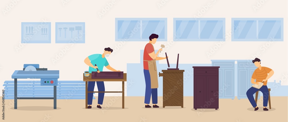 People woodworking vector illustration. Cartoon flat woodworker man character repairing wood home furniture, handyman carpenter working, carving with knife and carpentry equipment tools background