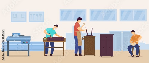 People woodworking vector illustration. Cartoon flat woodworker man character repairing wood home furniture, handyman carpenter working, carving with knife and carpentry equipment tools background