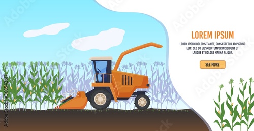 Farming agriculture vector illustration. Cartoon flat agricultural agrarian tractor or farmers combine harvester working, harvesting organic corn in farmland cornfield landscape, eco agronomy banner