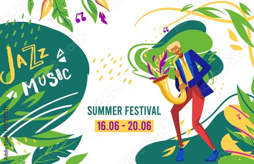 Jazz festival vector illustration. Cartoon flat man musician talent sax player character playing jazz blues music on saxophone musical instrument, retro jazz party or concert in club poster background