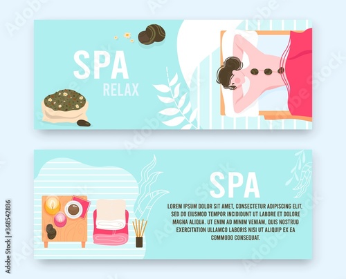People in massage spa beauty salon flat vector illustration set. Cartoon beautiful woman patient relaxing and lying with hot stones on back, luxury body care treatment, massaging procedures banners