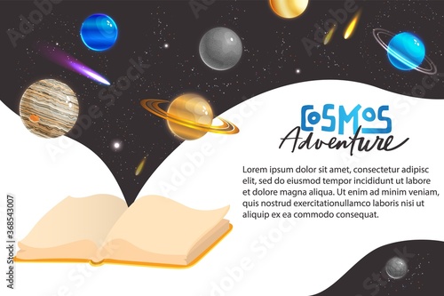Space universe adventure concept vector illustration. Cartoon flat fantasy galaxy outer space virtual world with planet satellite comet meteor or star, explorer adventurer spacewalk in cosmos banner