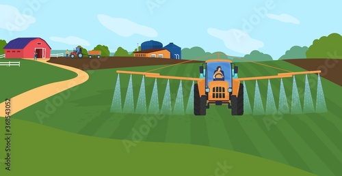 Farming agriculture vector illustration. Cartoon flat agricultural agrarian sprinkler tractor watering organic farm field, green countryside farmland landscape, water sprinkling technology background