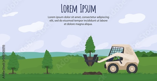 Agriculture machinery vector illustration. Cartoon flat agrarian tractor machine planting green tree, working in countryside farmland landscape, robotic automation agricultural technology background
