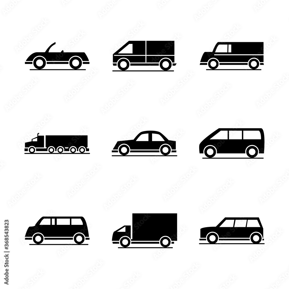 car model sport truck van transport vehicle silhouette style icons set design