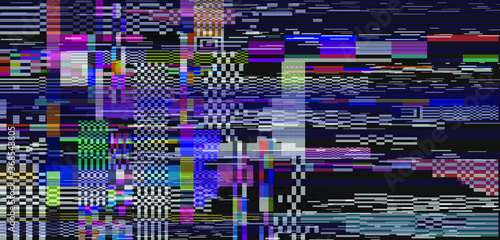 Abstract background with pixel noise artifacts. Glitched old-school screen with digital datamoshing VHS effect, an old analog video recording on tape cassette.