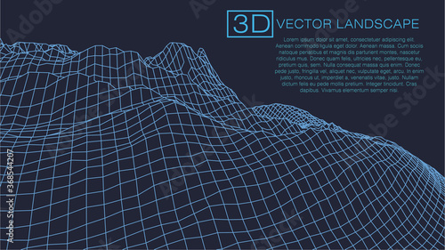 Wireframe 3D landscape mountains. Wireframe landscape wire. 3d landscape. Digital retro landscape cyber surface. Vector illustration.