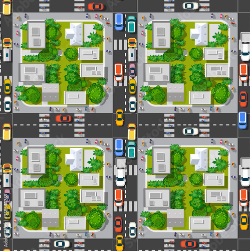The top view is a map of the city district module block with town infrastructure