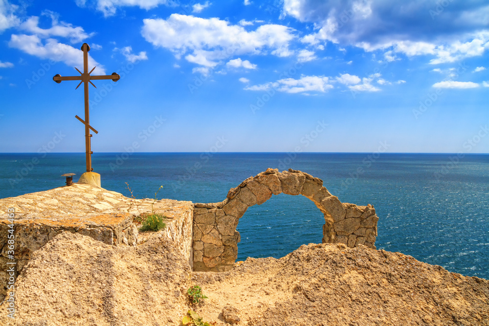 Coastal landscape - view of the orthodox chapel of St. Nicholas at the Cape Kaliakra on the Black Sea coast of Bulgaria