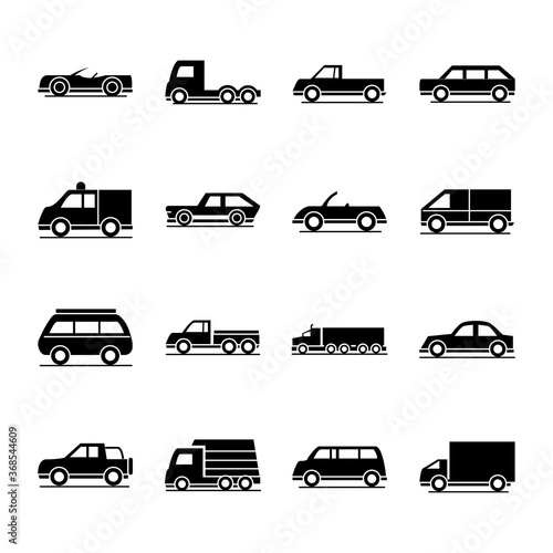 car model delivery truck passenger public transport vehicle silhouette style icons set design