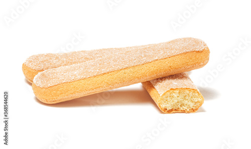 Traditional italian savoiardi biscuits, ladyfingers cookies, isolated on white background.