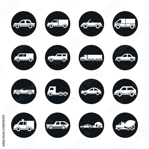 car model mini truck campervan transport vehicle silhouette style icons set design