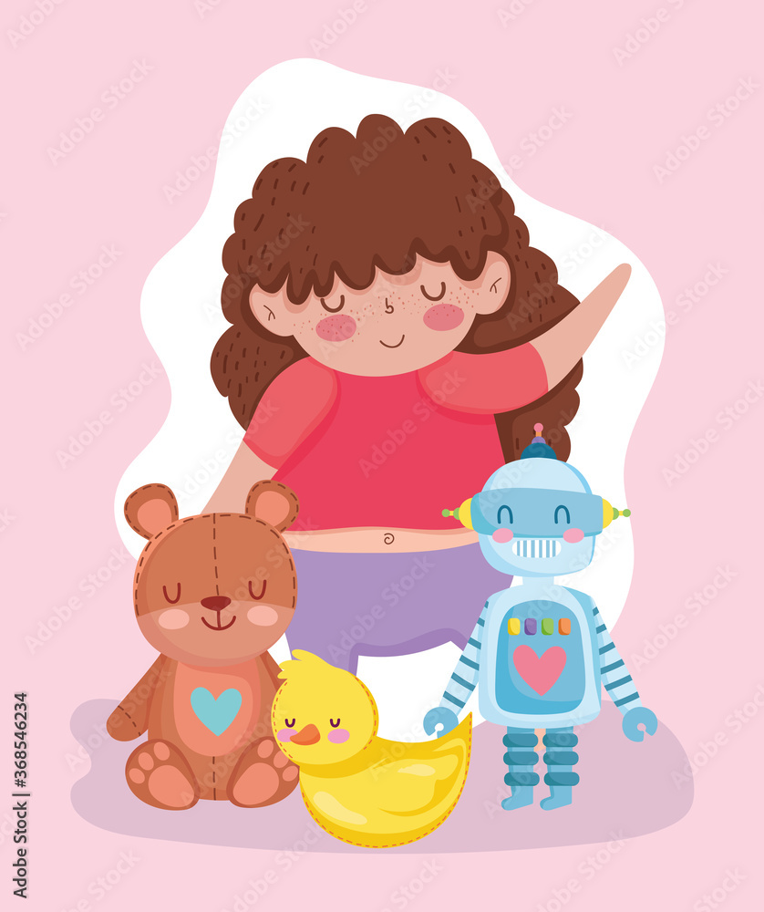 toys object for small kids to play cartoon, cute girl with teddy bear robot and duck toys object for small kids to play cartoon, cute girl with teddy bear robot and duck