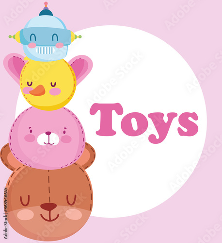 toys object for small kids to play cartoon, cute bear bunny robot and duck faces