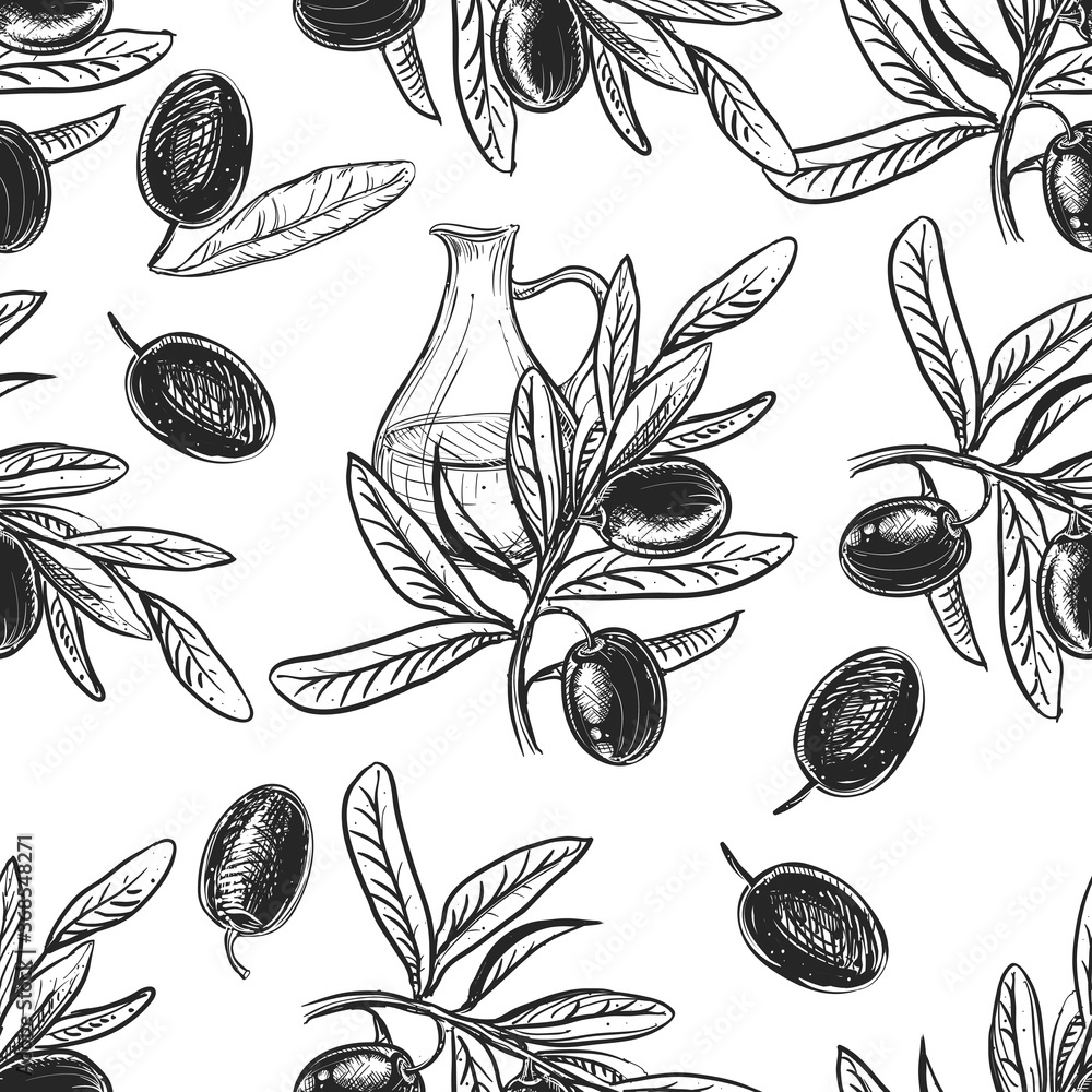 Detailed hand drawn black and white seamless pattern of olive, oil, leaf. sketch. Vector in graphic style label, card, sticker, menu, package.
