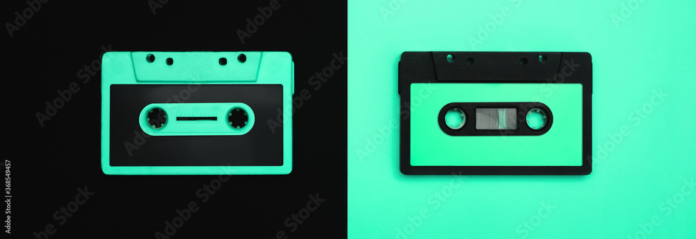 panoramic - 2 cassette tapes close up in complementary colors black and blue
