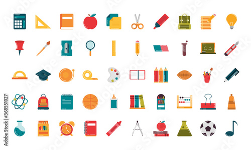 school education supply class stationery flat style icons set