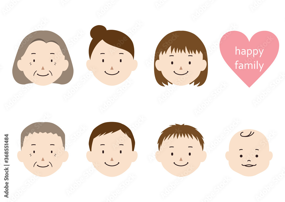 Set of 3 generation family face illustrations (mom, dad, grandmother, grandfather, girl, boy, baby) Set of 3 generation family face illustrations (mom, dad, grandmother, grandfather, girl, boy, baby)