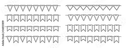 Flag garland bunting birthday party line flat set. Anniversary, celebration party hanging flags multicolored collection. Buntings pennants festival decoration linear. Isolated vector illustration