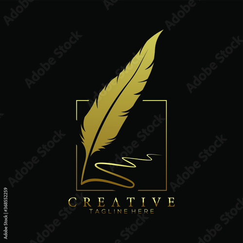feather pen logo gold with square line vector design template