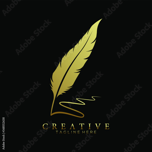 feather pen logo gold vector design template