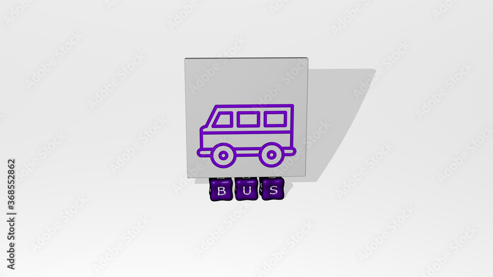 3D representation of BUS with icon on the wall and text arranged by metallic cubic letters on a mirror floor for concept meaning and slideshow presentation. illustration and city 3D representation of BUS with icon on the wall and text arranged by metallic cubic letters on a mirror floor for concept meaning and slideshow presentation. illustration and city