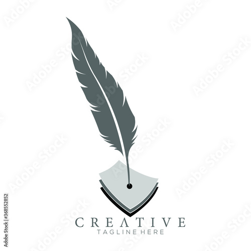 feather pen logo silhouette with 3 sheets of paper vector design template