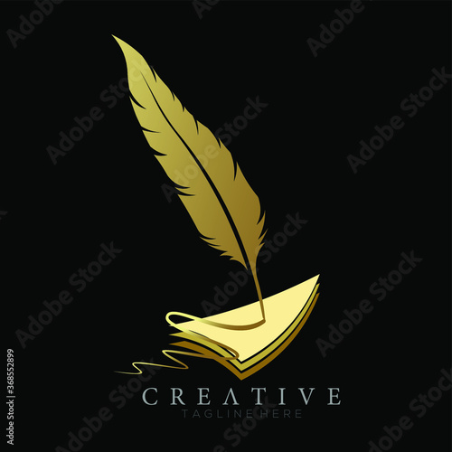 feather pen logo gold with 3 Layered arrowheads vector design template