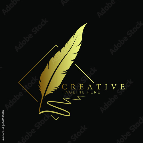 feather pen logo gold with square line vector design template