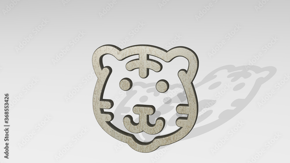 Obraz premium tiger casting shadow with two lights. 3D illustration of metallic sculpture over a white background with mild texture. animal and cat