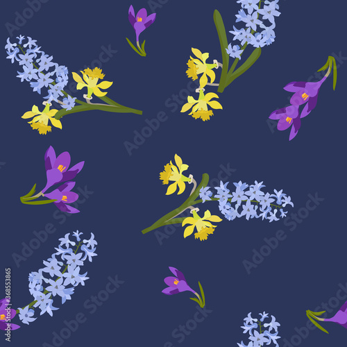 Seamless pattern. Blue hyacinth, snowdrop flower pattern and narcissus on a dark background. © Nadezhda