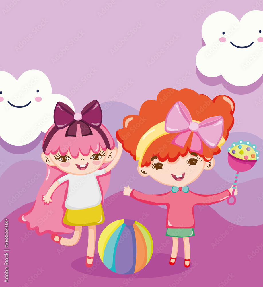 toys object for small kids to play cartoon, cute little girls with rattle and ball toys object for small kids to play cartoon, cute little girls with rattle and ball