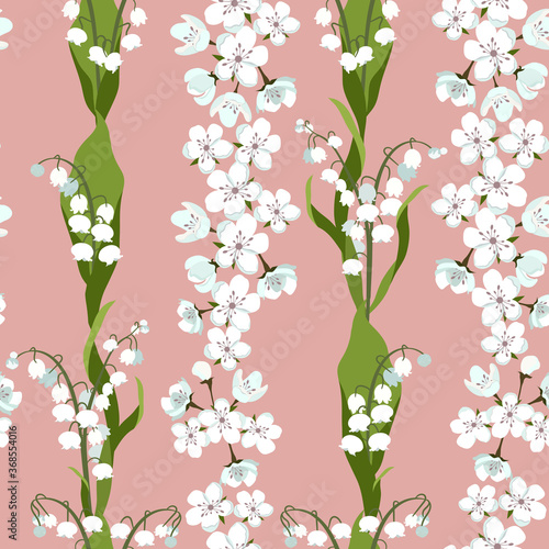 Seamless vector illustration with may lily of the valley, blossom cherry
