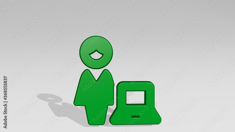 single woman actions laptop stand with shadow. 3D illustration of metallic sculpture over a white background with mild texture. icon and isolated single woman actions laptop stand with shadow. 3D illustration of metallic sculpture over a white background with mild texture. icon and isolated