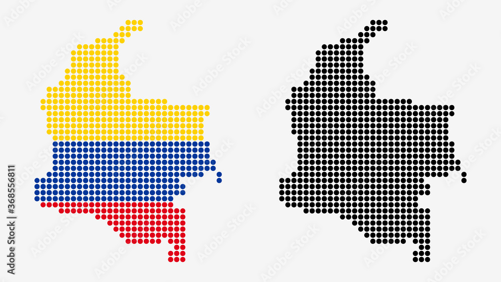 Map of Colombia, in dotted style. One version includes the flag, the other is simply black. Vector Graphic.	