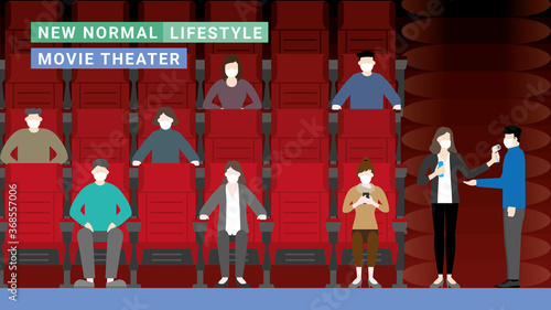 Movie theater new normal lifestyle. Social distancing, Wearing masks, Thermal check, and Hand sanitizing at the entrance.