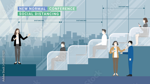 Social Distancing concept. Business presentation meeting in the conference hall. Thermal check and Hand sanitizing at the entrance.