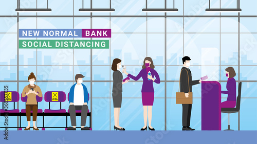 New normal lifestyle concept at the bank. People sitting apart at the waiting seat. Social distancing and wearing a mask