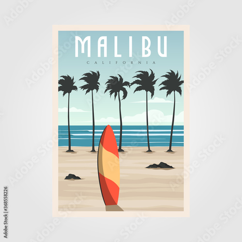 malibu california beach vintage vector illustration design, surf travel poster template