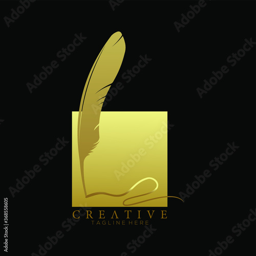 feather pen logo gold with square gold vector design template